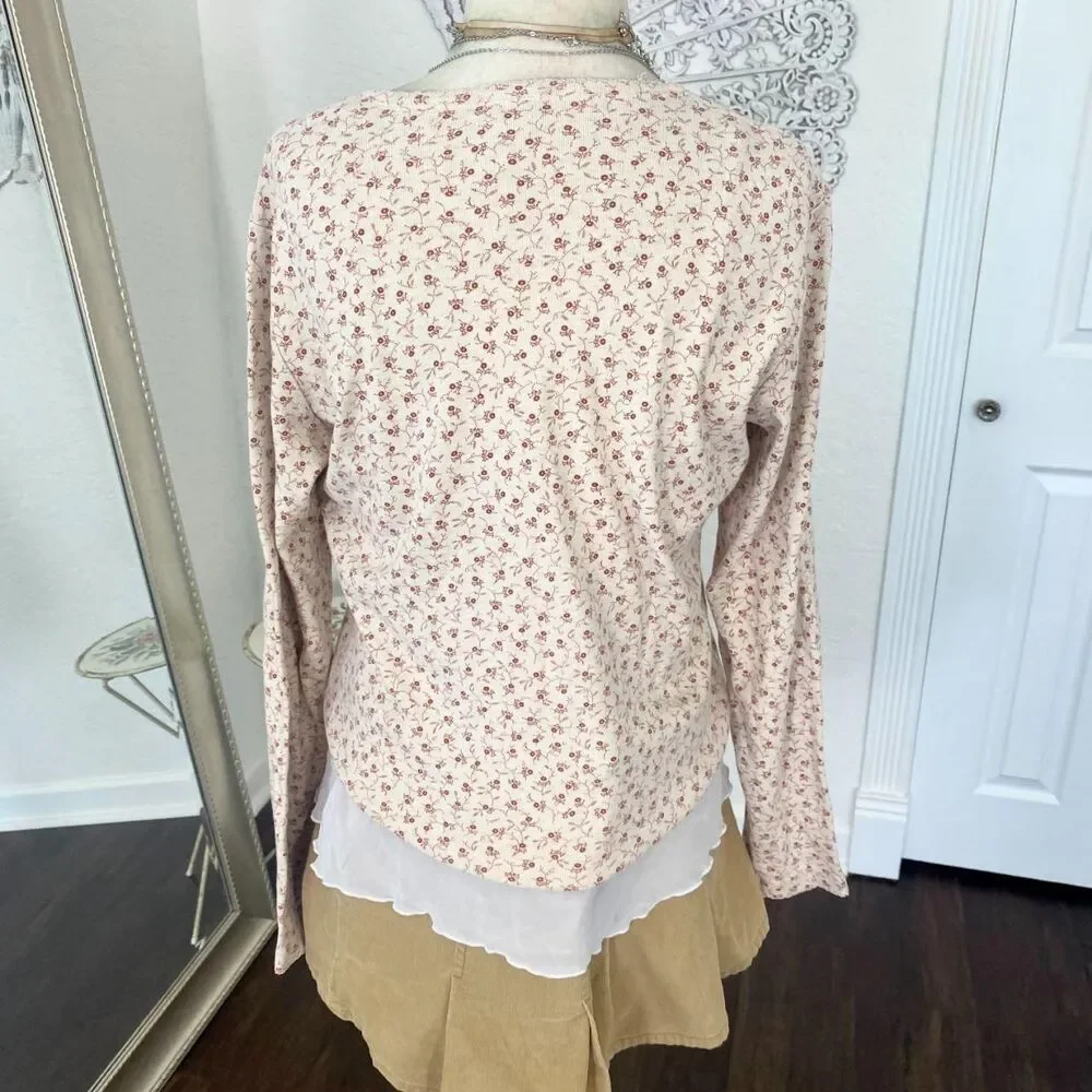 L.L.Bean Early 2000's Cream Red Cottage Core Floral Cotton Longsleeve Top S - Picture 5 of 6
